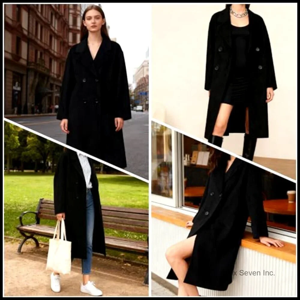Wool Blend Pea Coat Double Breasted Trench Coat Notched Lapel Jacket - Picture 6 of 7